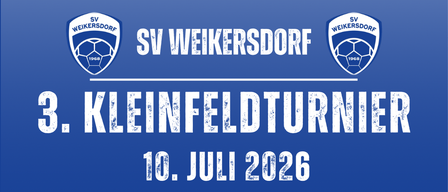 Plakat für das 3. Kleinfeld Turnier am 10. Juli 2026. Zeigt einen Fußball, Grill und Details zu Veranstaltungen und Anmeldung.