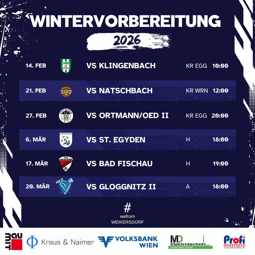 Der Zeitplan für die Wintervorbereitung 2026 wird angezeigt. Spiele umfassen: Klingenbach, Natschbach, Ortmann/Oed II, St. Egyd, Bad Fischau und Gloggnitz II. Zeiten sind 10:00, 12:00, 20:00, 18:00, 19:00 und 18:00.