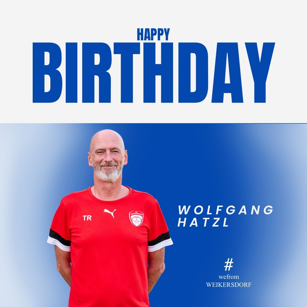 Ein Geburtstagskarte mit blauem Hintergrund zeigt ein Bild von Wolfgang Hatzl. Er trägt ein rotes Puma-Shirt mit weißen und schwarzen Besätzen. Die Worte 'Happy Birthday' sind oben prominent angebracht.
