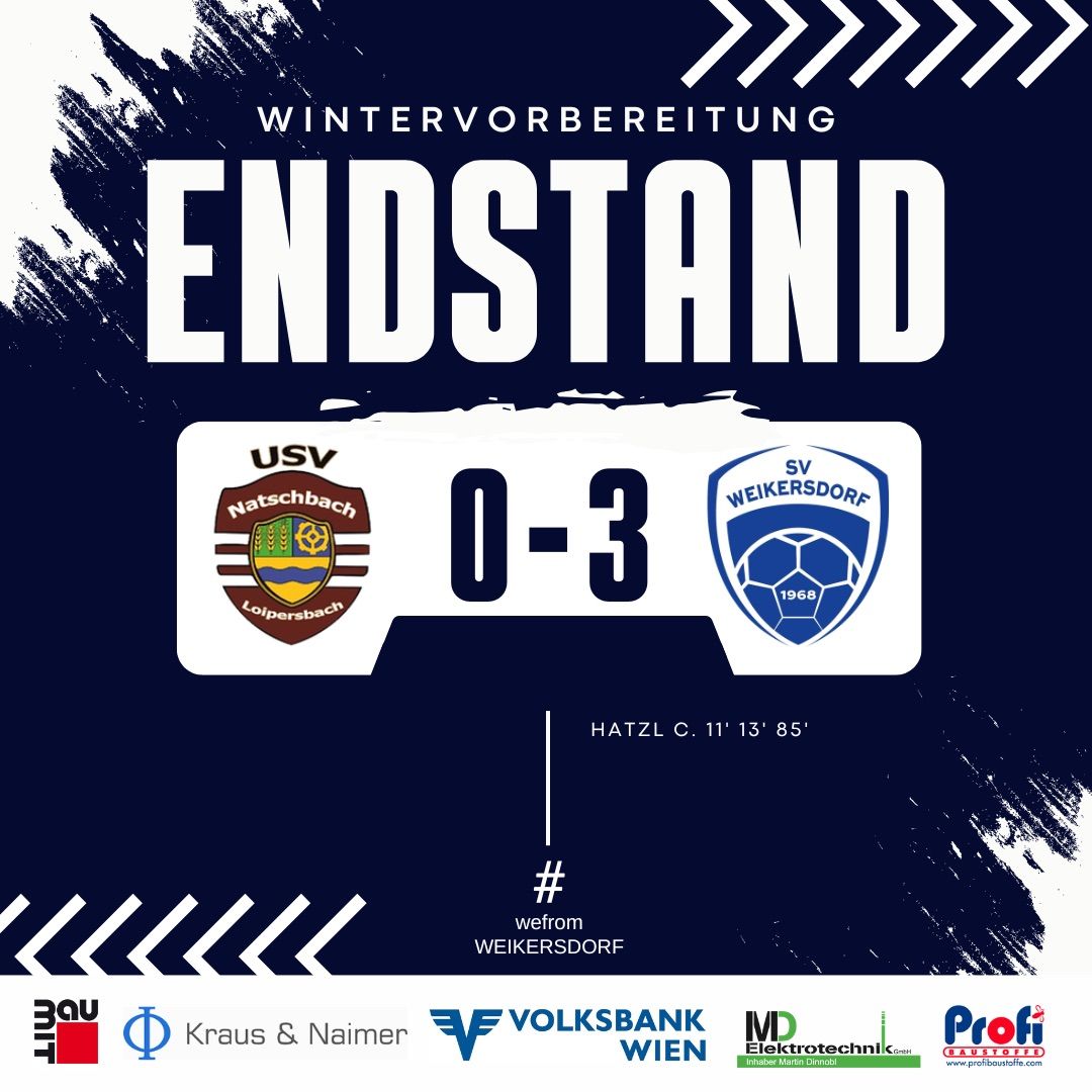 Poster for soccer match between USV Natschbach and SV Weikersdorf. The score is 0-3. Hatzl C. scored in the 11th, 13th, and 85th minute. Hashtag #wefrom Weikersdorf. Sponsors include Kraus & Naimer, Volksbank Wien, MD Elektrotechnik, and Profi Baustoffe.