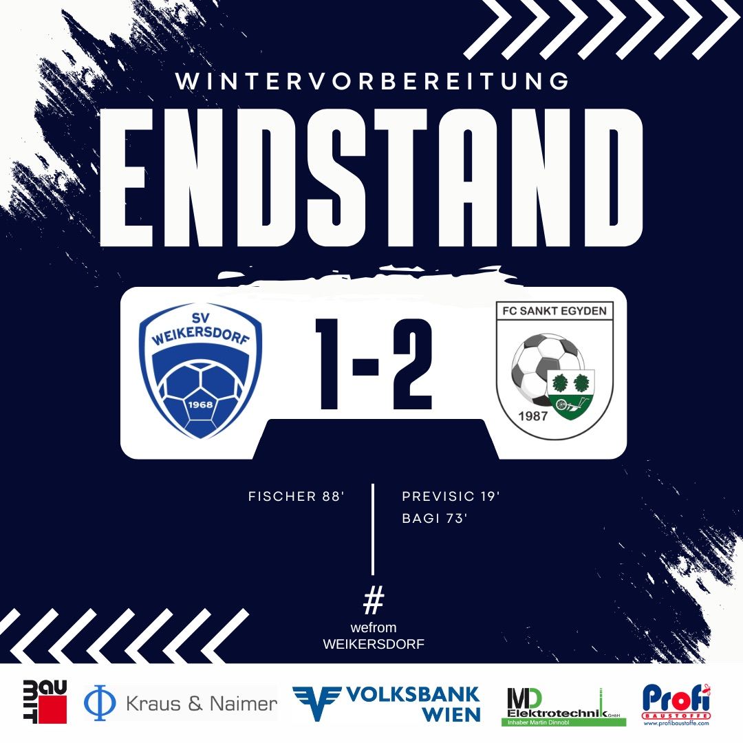 Fußballspielergebnis zwischen SV Weikersdorf und FC Sankt Egyden mit den Ergebnissen 1-2. Fischer erzielte in der 88. Minute, Previsic in der 19. Minute. Bagi erzielte in der 73. Minute. Hashtag von Weikersdorf. Sponsoren sind Kraus & Naimer, Volksbank Wien, Elektrotechnik und Profi Baustoffe.