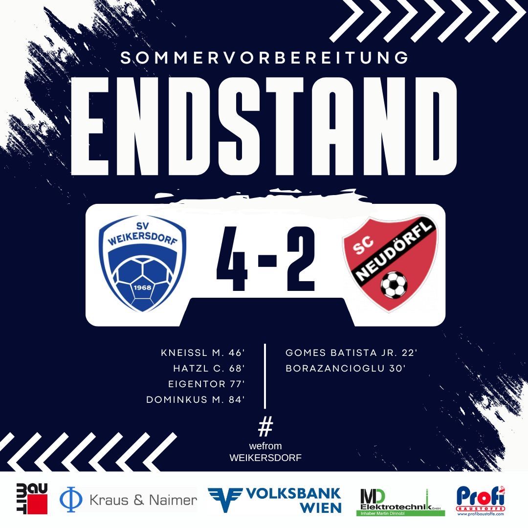 Ein blaues Sportplakat verkündet das Ende der Sommersaison mit einem Fußballspielergebnis von 4-2. Es zeigt die Teamnamen SV Weikersdorf und SC Neudorf, zusammen mit Spielernamen und Punkten. Sponsoren sind auch unten aufgeführt.