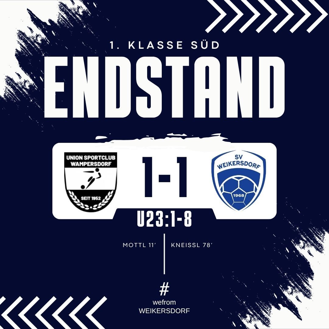 Blaue und weiße Sportplakat für ein Fußballspiel zwischen Union Sportclub Wampersdorp und SV Weikersdorf. Das Ergebnis steht bei 1-1, mit Toren von Mottl und KneissL. Das Plakat enthält Teamlogos und ein Hashtag.