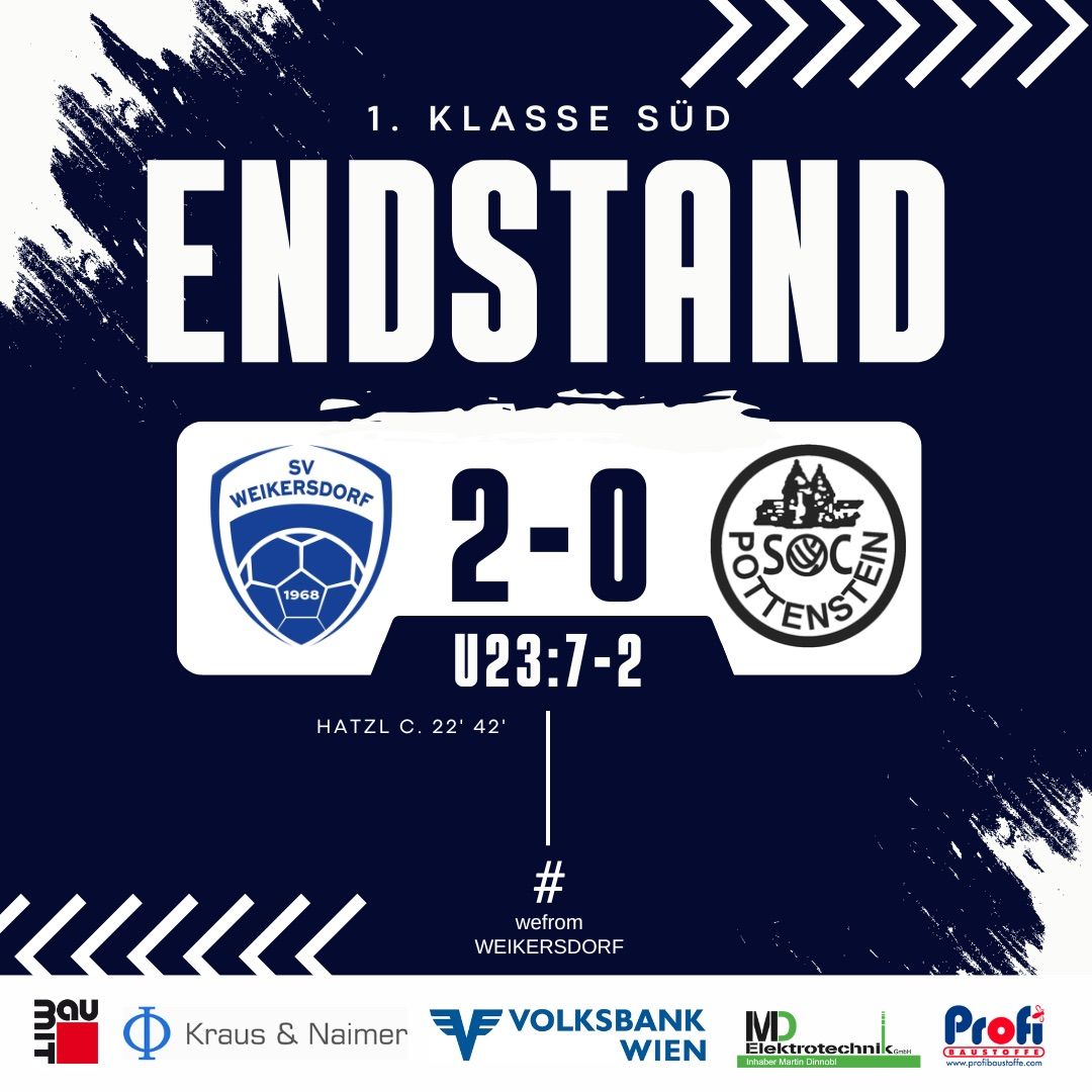 Endstand des Posten-Fußballspiels: SV Weikersdorf 2, FC Posten 0. Tore von Hatzl in der 22. und 42. Minute. Gesponsert von Elektrotechnik, Kraus & Naimer, Volksbank und anderen.