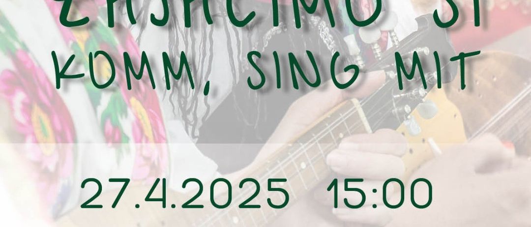 Plakat für eine kulturelle Veranstaltung im Cindrof Kulturzentrum in Siegendorf am 27. April 2025 um 15:00 Uhr, mit einer Person, die Gitarre spielt und singt, mit Text auf Kroatisch und Deutsch.