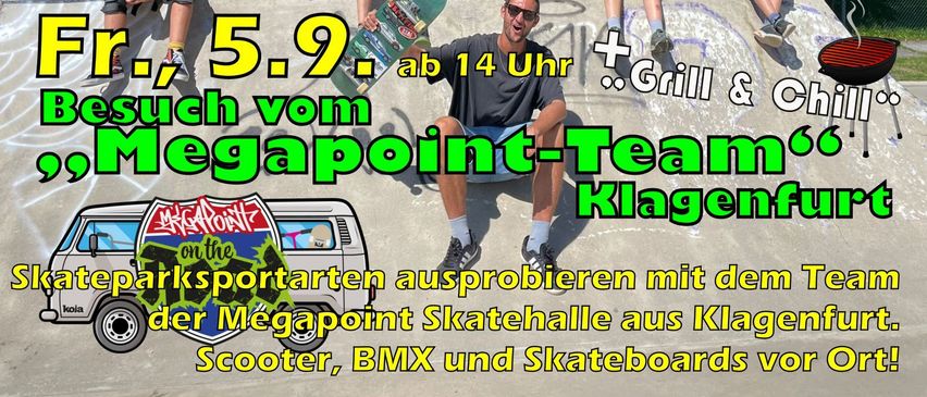 Eine Werbung für einen Skateboard-Kurs beim Skatepark Special. Es zeigt einen Skateboarder mit Helm und Schutzbrille, zusammen mit einem Grill. Die Termine sind Samstag, 30. August und Freitag, 5. September.