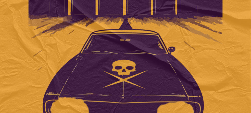 Ein Plakat für Omega Sun zeigt ein Auto mit einem Totenkopf auf der Motorhaube. Der Hintergrund besteht aus einem gelben Mond, Gebäuden und Silhouetten. Die Termine und Orte von Konzerten sind in mehreren Städten aufgeführt.