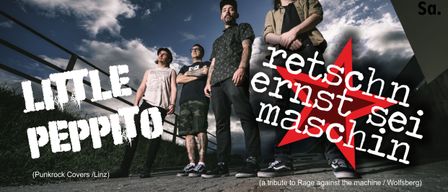 Plakat für die 90er-Edition des Rake Festivals. Vier Männer stehen auf einer Straße mit einem roten Stern und präsentieren eine Hommage an Rage against the machine.