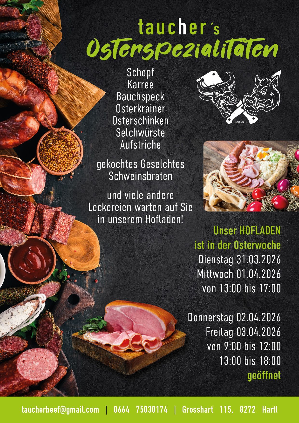 Werbung für Hofladen mit verschiedenen Fleischsorten und Produkten. Der Laden hat während der Osterwoche vom Dienstag, 31.03.2026, bis Freitag, 03.04.2026, geöffnet. Öffnungszeiten sind von 13:00 bis 17:00 Uhr.