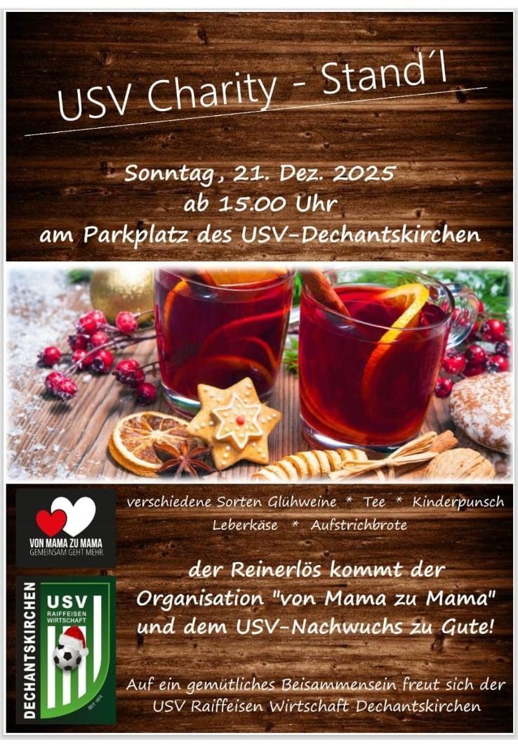 Ein Plakat für eine Veranstaltung am Sonntag, 21. Dezember 2025, ab 15.00 Uhr auf dem Parkplatz der USV-Decantskirche. Es zeigt zwei Gläser Glühwein mit Gewürzen und Keksen.
