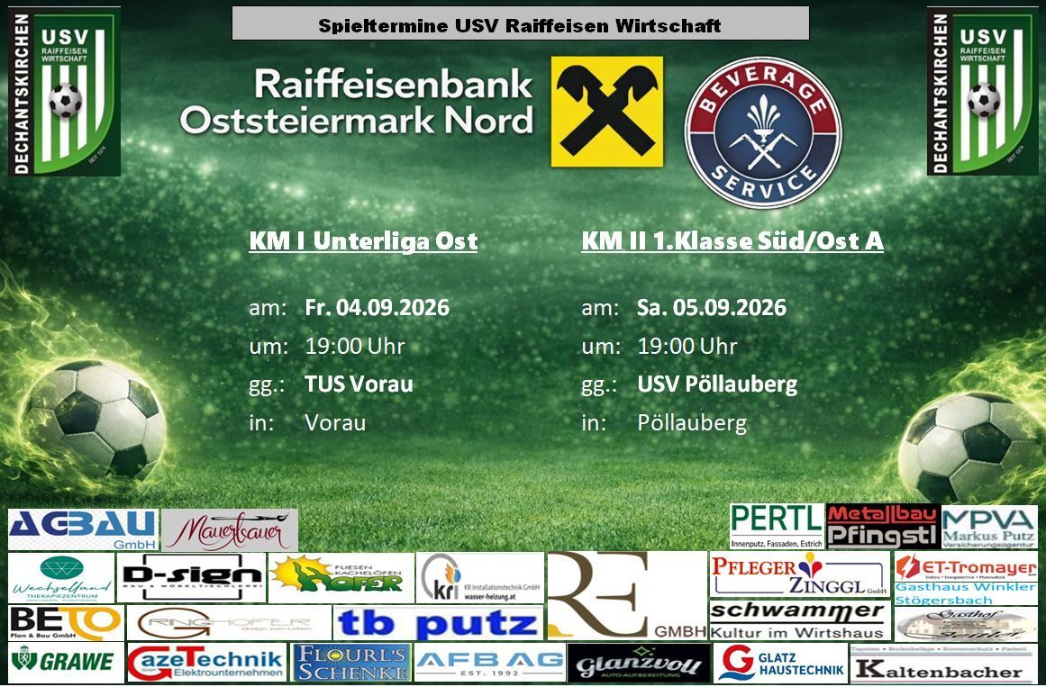 Ein Sportveranstaltungsposter für Raiffeisenbank Osterreich Nord mit zwei Spielen am 4. und 5. September 2026. Das erste Spiel ist zwischen KM I Unterliga Ost und TUS Vorau um 19:00 in Vorau. Das zweite Spiel ist zwischen KM II 1.Klasse Süd/Ost und USV Pollauberg um 19:00 in Pollauberg.