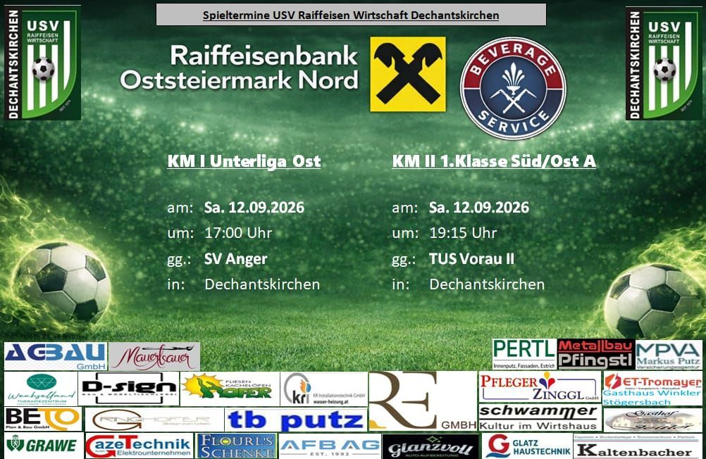 A soccer match poster for Raiffeisenbank Oststeiermark Nord with details of the match on September 12, 2026, including teams, time, and location.
