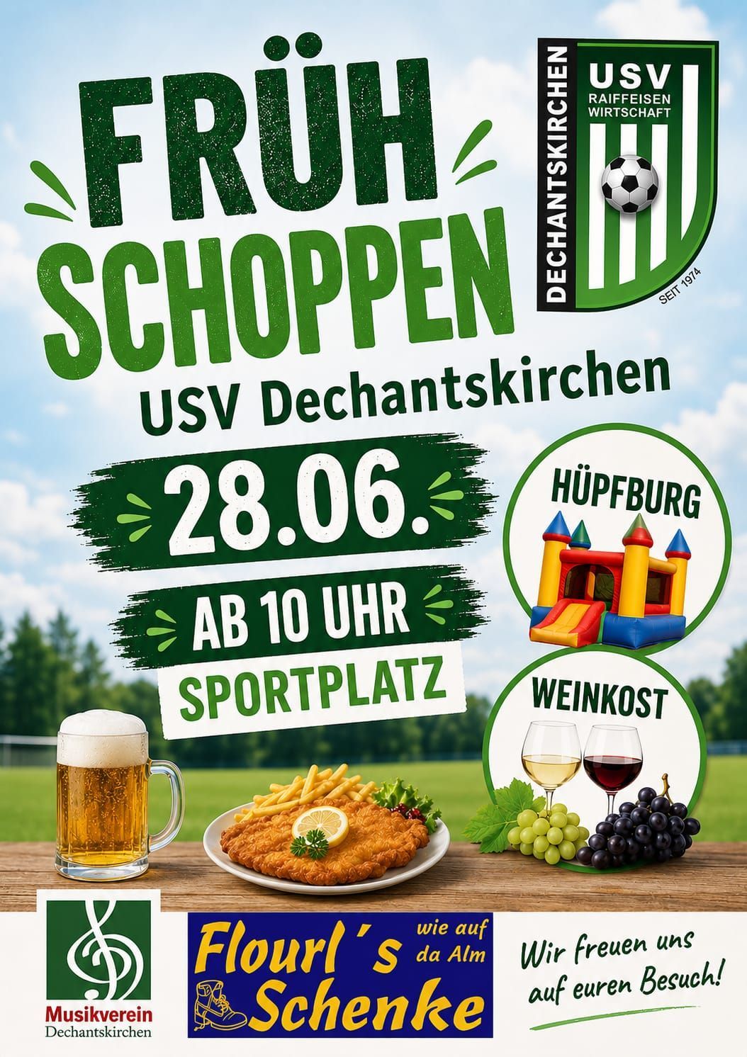 Werbeposter für eine Fußballveranstaltung mit einem Fußball, einem aufblasbaren Schloss, Essen und Getränken. Die Veranstaltung heißt 'From Schoppen' und wird von USV Dechantskirchen am 28. Juni veranstaltet. Sie beginnt um 10 Uhr auf dem Sportplatz.