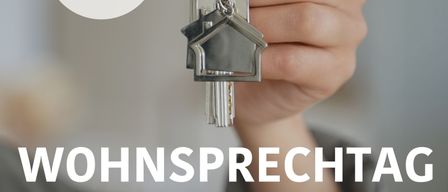 Eine Hand hält einen Satz silberner Schlüssel mit einem Haussymbol. Eine Ankündigung in Deutsch lautet 'Wohnsprechtag 26. Janner 2026 17:00 bis 19:00 Uhr'. Das Bild enthält Logos für 'Ansfelder' und 'Stadtgemeinde Ansfelder'.