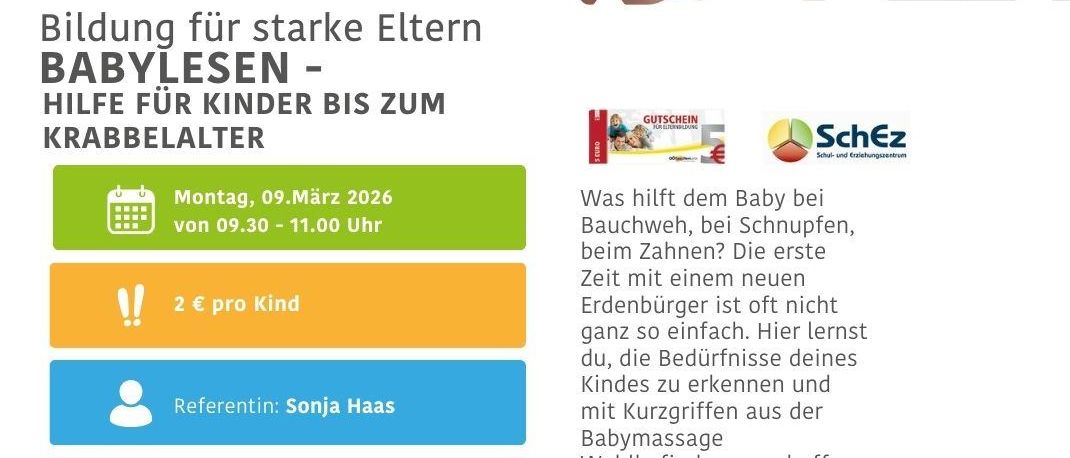 Ein Bild von Händen, die ein Baby halten, mit Text über Babylesing. Es ist eine Hilfe für Kinder bis zum Krabbelalter. Geplant am 9. März 2026, von 9:30 bis 11:00 Uhr.
