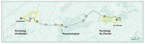 Eine Karte, die eine Route mit mehreren Interessenpunkten zeigt, einschließlich 'Rundweg Ansfelden', 'Pausnstation' und 'Rundweg St. Florian'. Die Route ist gelb markiert und es gibt mehrere nummerierte Markierungen entlang des Weges.