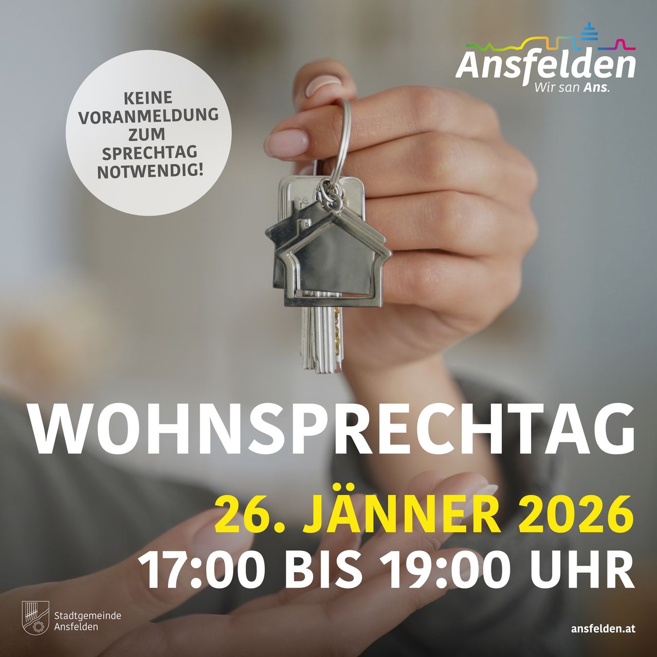 Eine Anzeige für einen Wohnsprechtag am 26. Jänner 2026 von 17:00 bis 19:00 Uhr. Eine Person hält einen Schlüsselbund mit einem Haussymbol. Der Text betont, dass keine vorherige Anmeldung erforderlich ist.