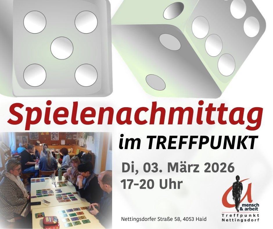 Spielenachmittag im TREFFPUNKT am Donnerstag, 03. März 2026, von 17-20 Uhr. Ort: Nettingsdorfer Straße 58, 4053 Haid.