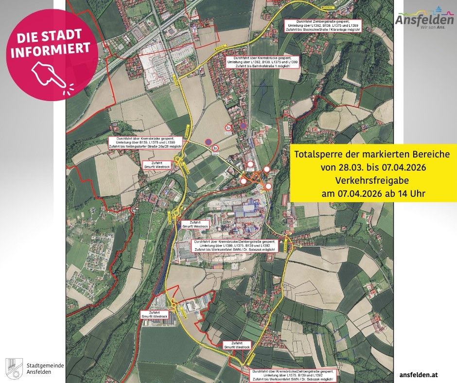Eine Karte zeigt die Totalsperre der markierten Bereiche vom 28.03. bis 07.04.2026. Die Sperre gilt ab 07.04.2026 um 14:00 Uhr. Eine rote Linie zeigt das gesperrte Gebiet an.