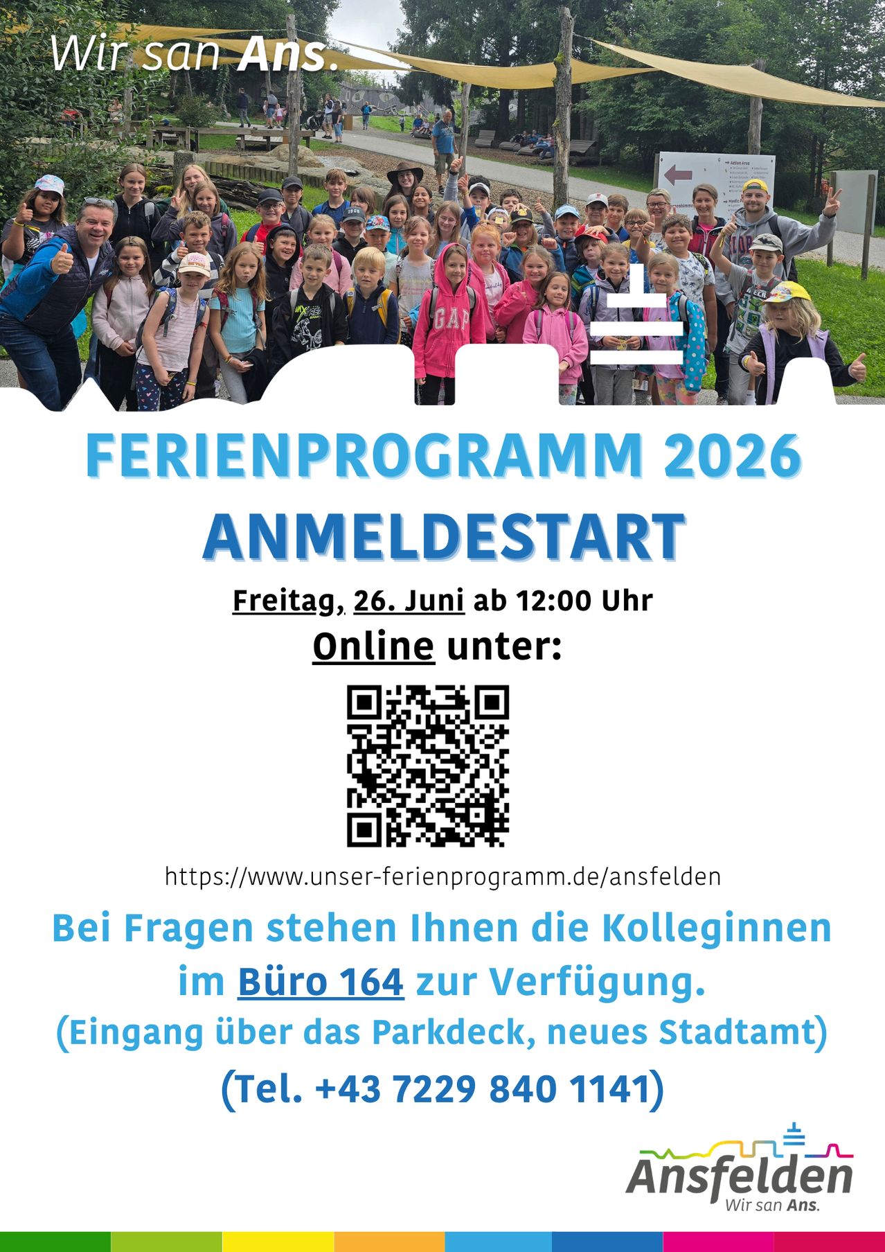 Poster for Ferienprogramm 2026 Anmeldestart event, featuring a group of children and adults, a QR code, and registration details.