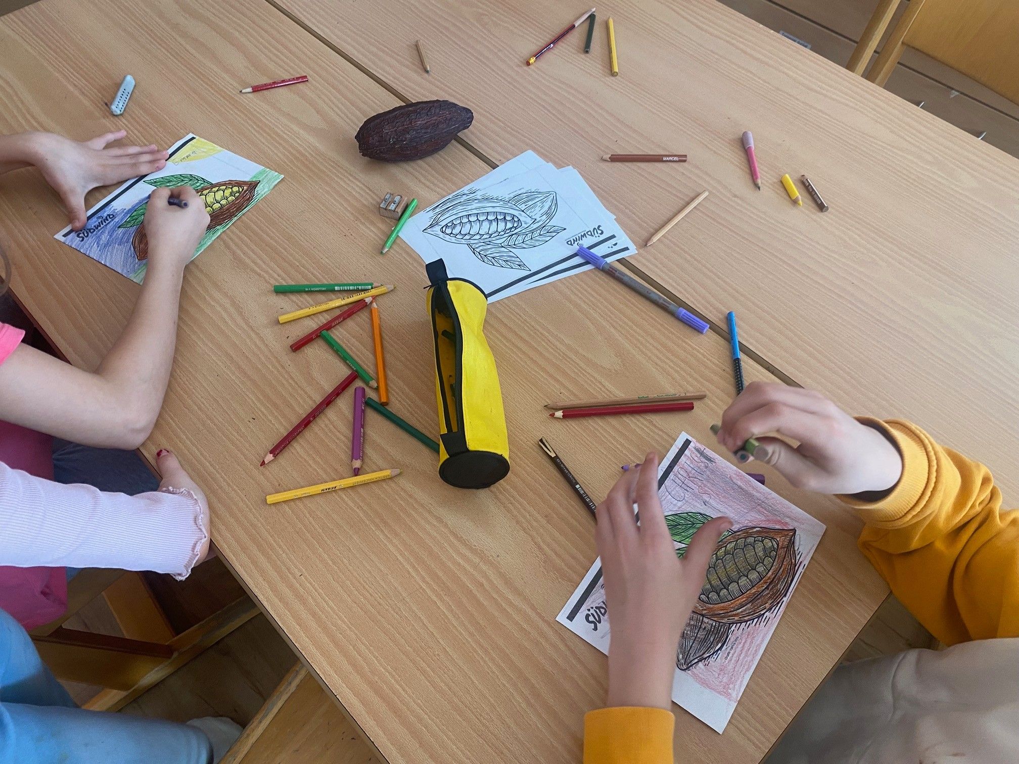 Kinder zeichnen ein Bild von Kakaobohnen auf einem Holztisch mit verschiedenen farbigen Stiften und einer Kakaobohne in der Mitte.