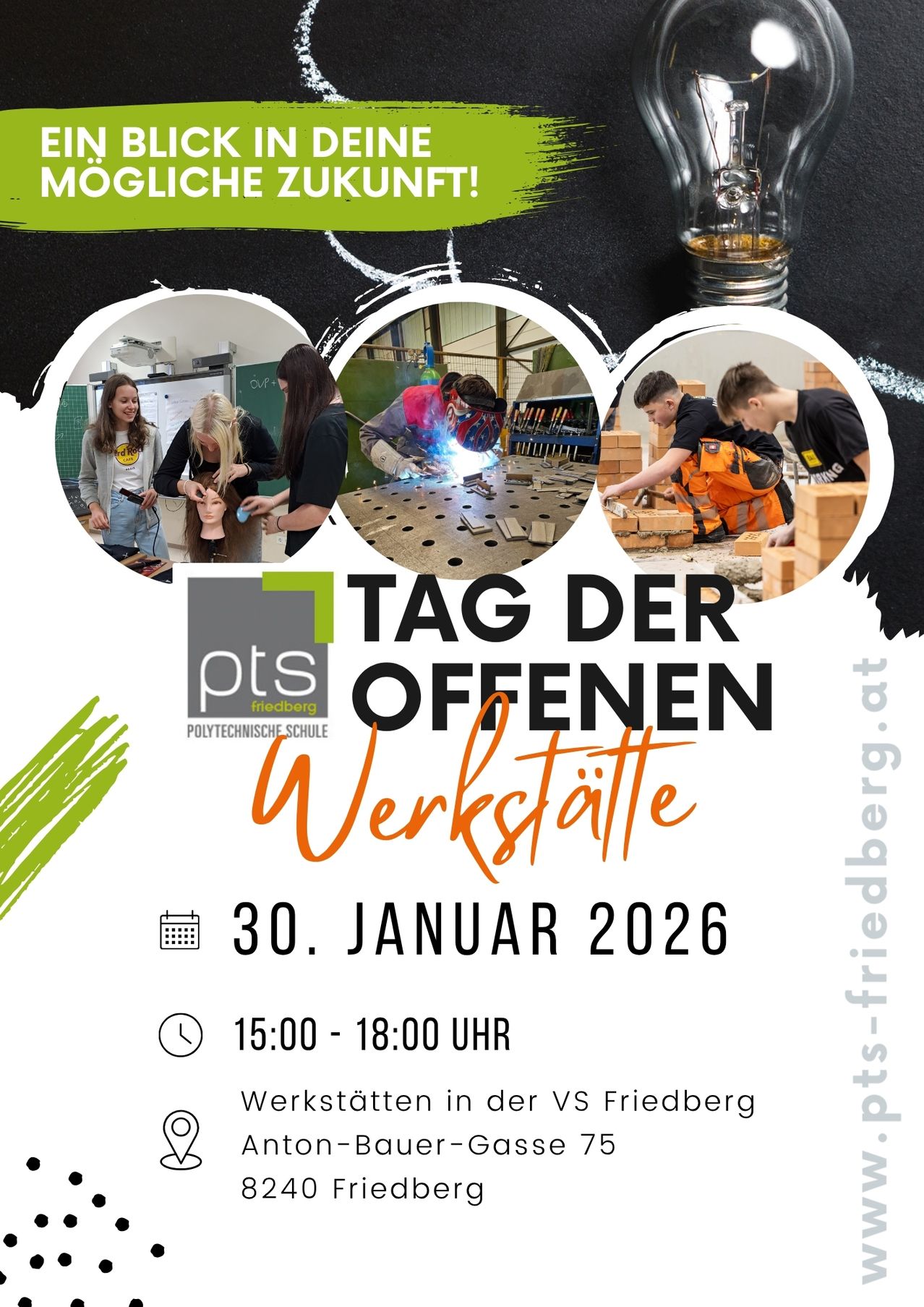 Plakat für die Veranstaltung 'Tag der offenen Werkstatten' an der Polytechnischen Schule Friedberg in Deutschland. Es zeigt mehrere Fotos von Schülern, die in verschiedenen Werkstätten arbeiten. Die Veranstaltung ist für den 30. Januar 2026 von 15:00 bis 18:00 Uhr geplant.