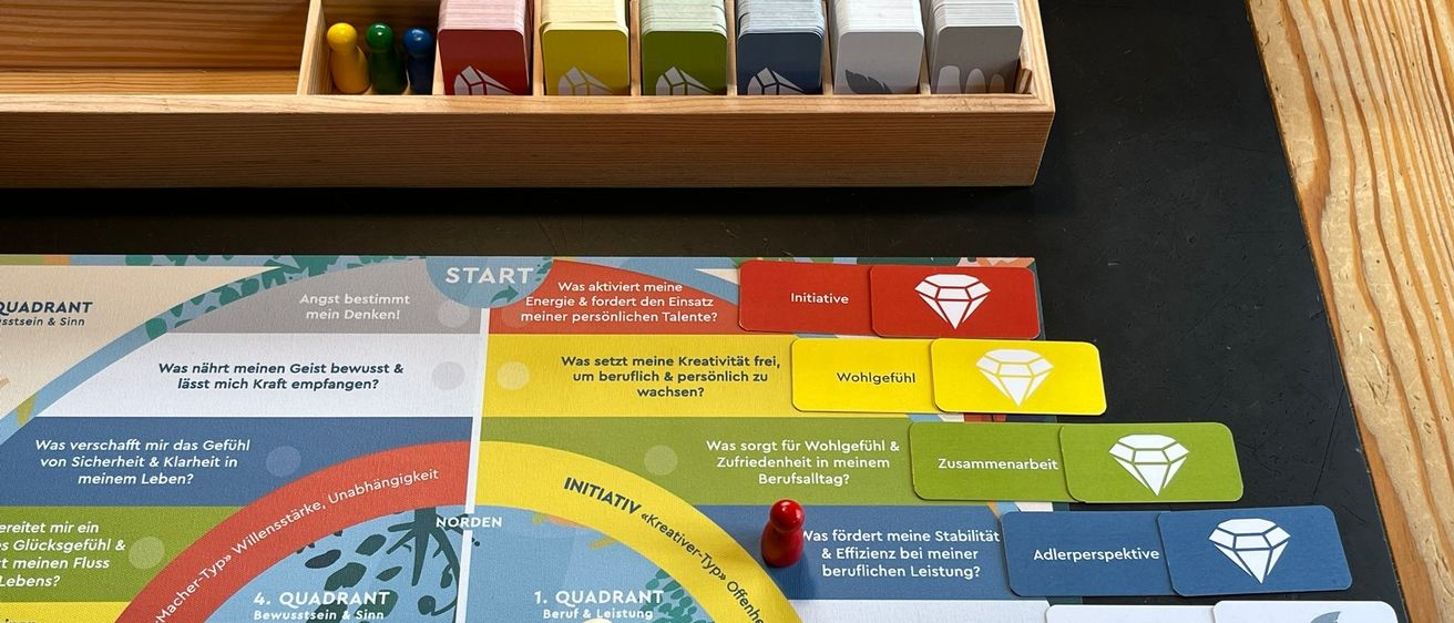 Ein Brettspiel namens Lebens Kompass ist auf einem Tisch aufgebaut. Das Spiel hat einen farbenfrohen Kompass und Würfel. Verschiedene Karten sind in einer Holzkiste, jede repräsentiert verschiedene persönliche Eigenschaften und Lebenssituationen.