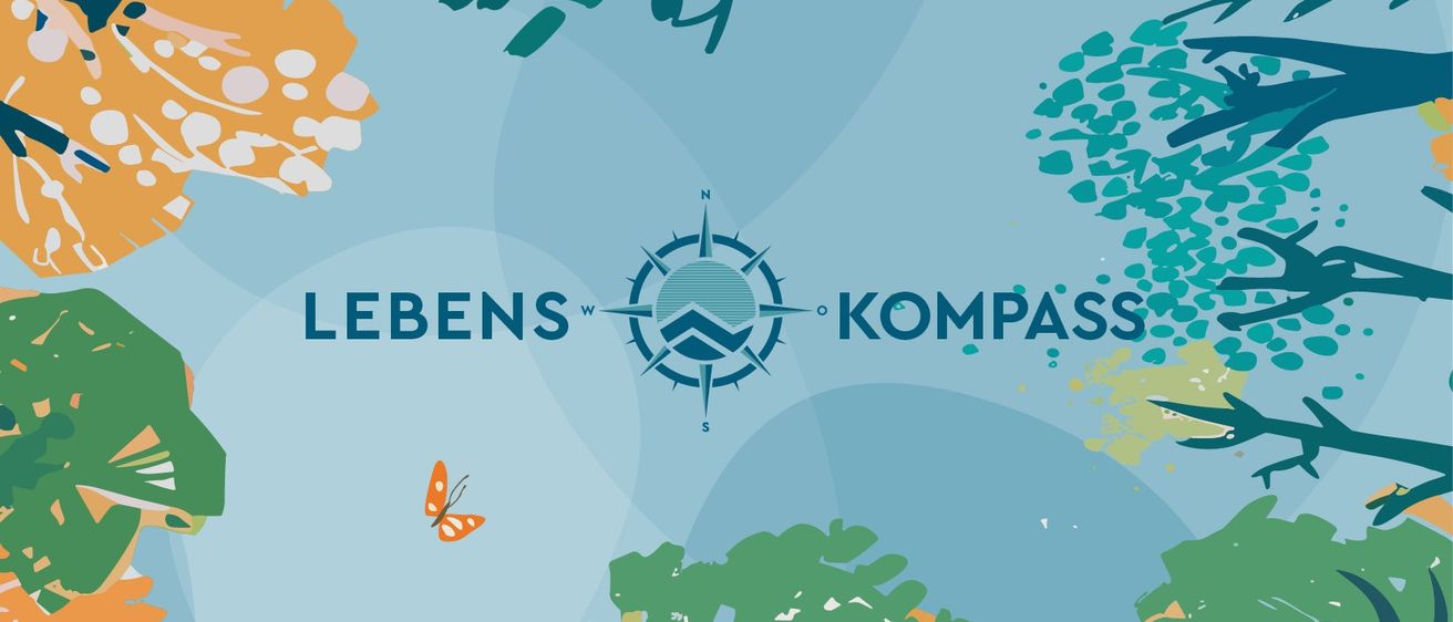Eine Illustration eines Waldes mit verschiedenen Bäumen, Blättern und einer Kompass in der Mitte. Ein Schmetterling und eine Schnecke gehören zu den Elementen. Die Wörter 'Lebens' und 'Kompass' sind angezeigt.