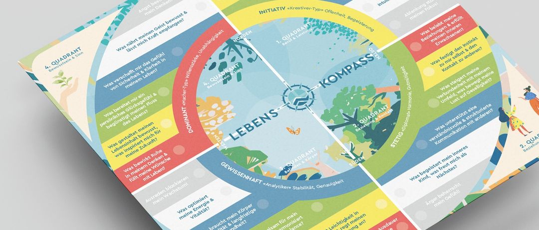 A colorful poster with various sections labeled 'Start,' 'Initiative,' 'Development,' 'Business,' 'Stability,' and 'Generosity,' arranged in a circular compass format with text and icons.