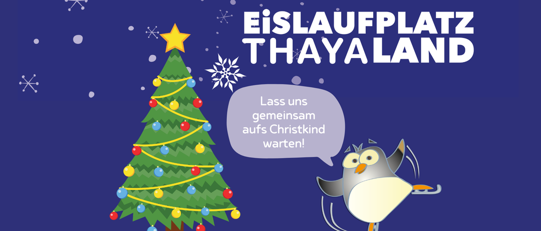 Plakat für Christkindl-Eilaufplan in Waidhofen. Veranstaltung am 24. Dezember 2025, 9:00 bis 13:00 Uhr. Illustration eines Pinguins mit Sprechblase.