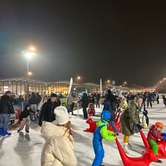 Eine Eisbahn bei Nacht mit vielen Schlittschuhläufern. Helle Straßenlaternen beleuchten den Bereich. Mehrere Menschen stehen herum und beobachten die Schlittschuhläufer. Bunte Pinguinskulpturen sind auf dem Eis platziert.