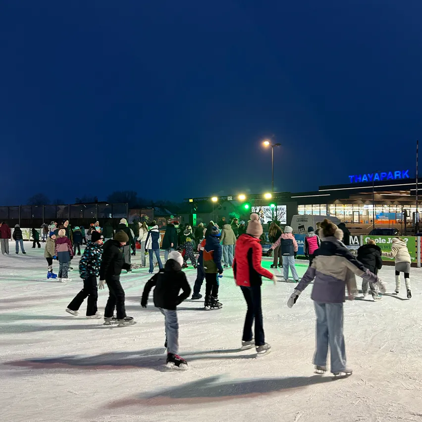 Eine Eisbahn bei Nacht, mehrere Menschen sind beim Eislaufen. Ein Schild im Hintergrund lautet Thaypark.