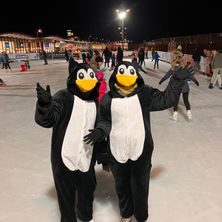 Zwei Personen in Pinguinkostümen sind nachts Schlittschuhlaufen. Sie posieren für ein Foto mit anderen im Hintergrund.