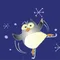 Blauer Hintergrund mit weißen Schneeflocken, Text 'Eislaufplatz Thailand' und ein Pinguin in weiß. Der Pinguin scheint zu skaten.