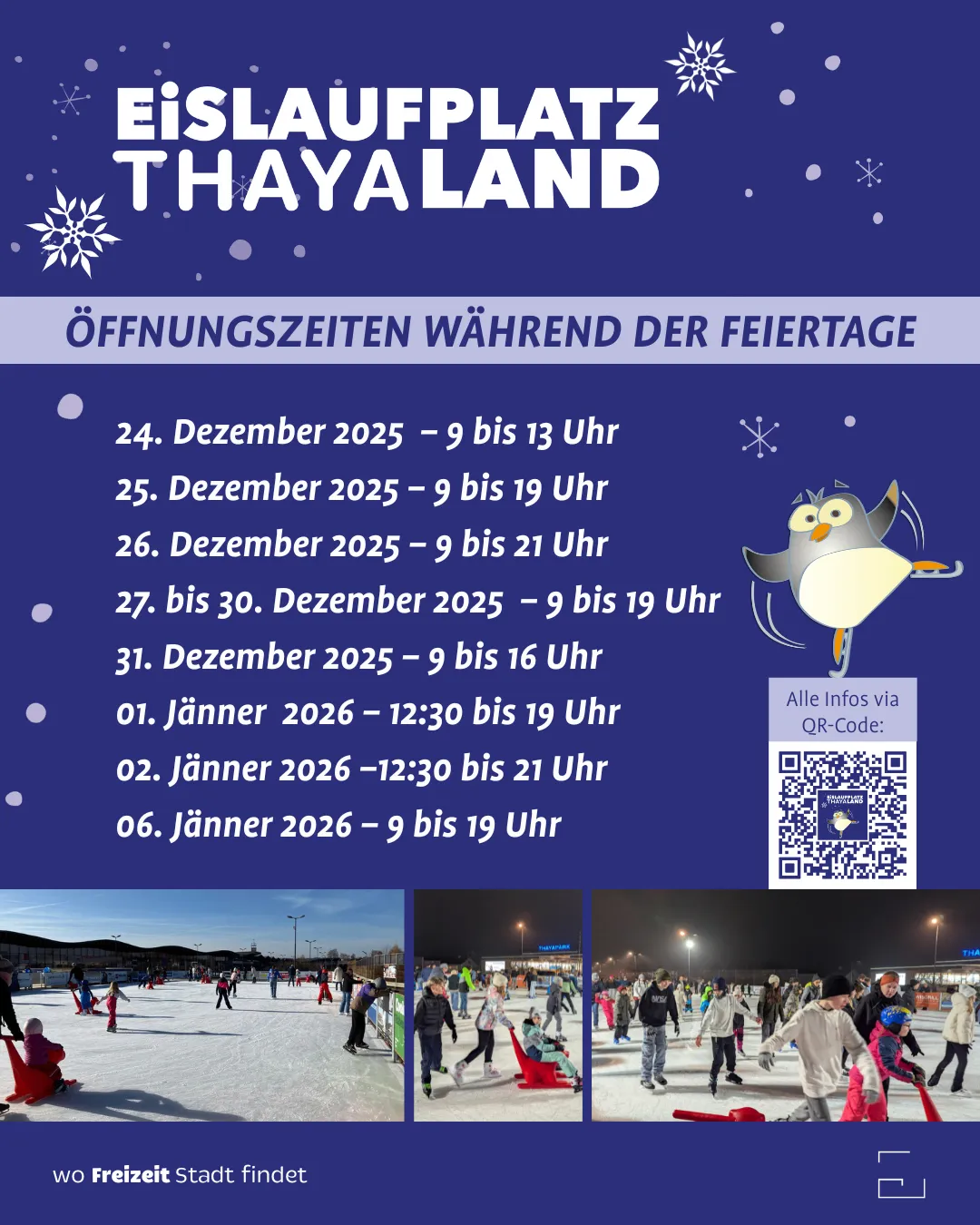 Ein Flyer für Lisach Plate Thailand zeigt Öffnungszeiten während der Feiertage. Die Termine reichen von 24. Dezember 2025 bis 6. Januar 2026. Ein QR-Code ist für weitere Informationen angegeben.