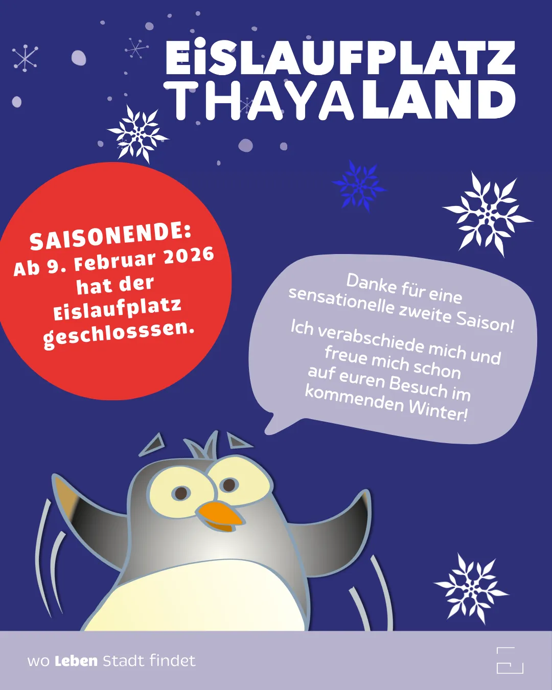 Plakat zur Eröffnung der Eislaufbahn im THAYALAND. Der Eröffnungstermin ist der 9. Februar 2026. Ein freudiger Pinguin ist abgebildet, umgeben von Schneeflocken.