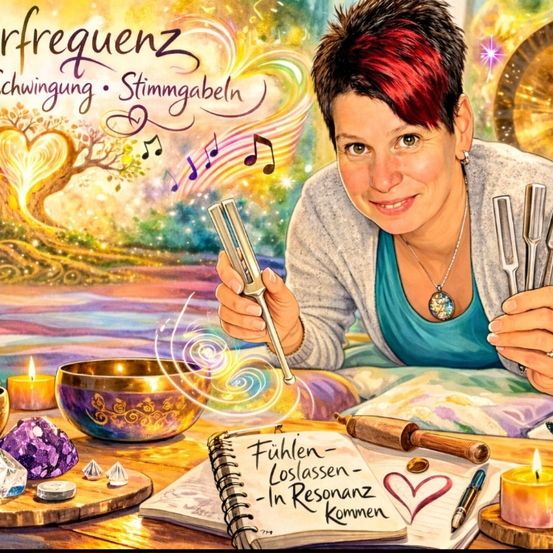 Eine Illustration einer Frau, die eine Stimmgabel hält und lächelt. Sie hat rote Haare und eine Halskette. Das Bild hat einen verschwommenen Effekt.