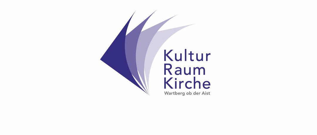 Logo für Kultur Raum Kirche, gelegen am Wartberg über der Aist. Das Logo zeigt abstrakte, wellenförmige Linien in Blau und Lila.