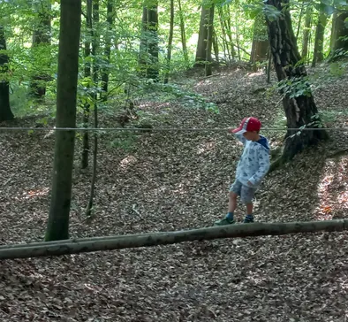 Ein junger Junge geht in einem dichten Wald auf einem Baumstamm und trägt eine rote Kappe und Turnschuhe. Der Boden ist mit gefallenen Blättern bedeckt.
