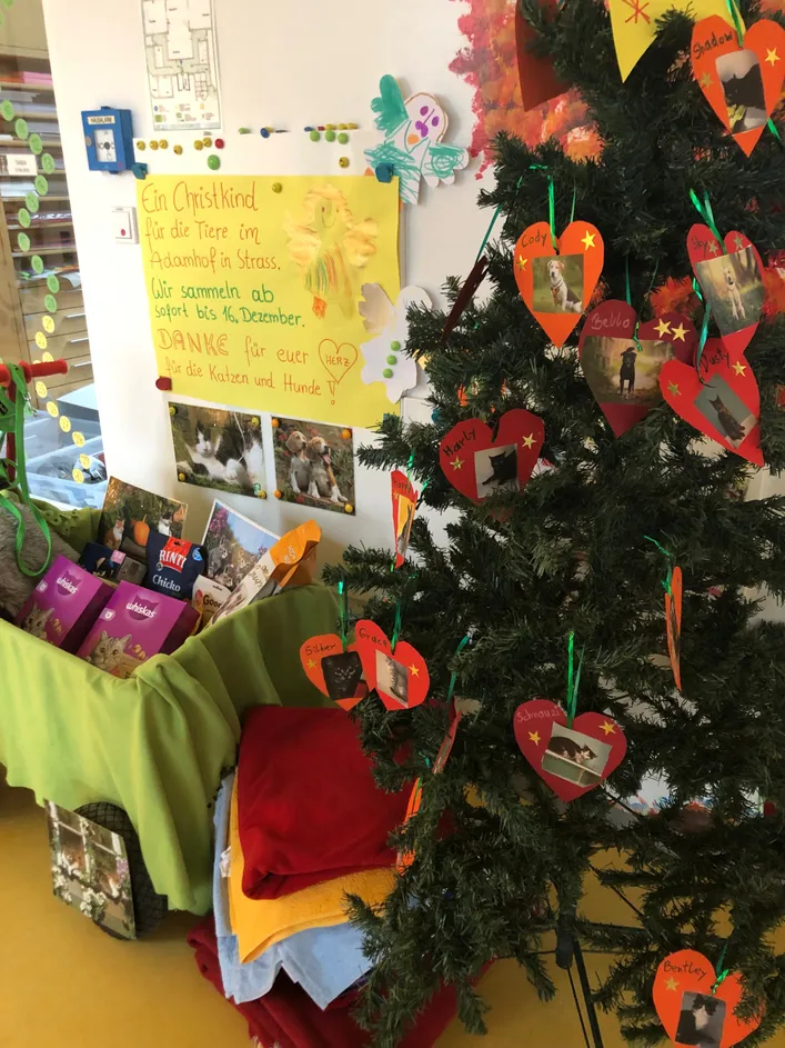 Ein Weihnachtsbaum, der mit herzförmigen Ornamenten mit Bildern von Hunden und Katzen geschmückt ist. Ein Tisch mit Geschenktüten und ein Poster an der Wand.