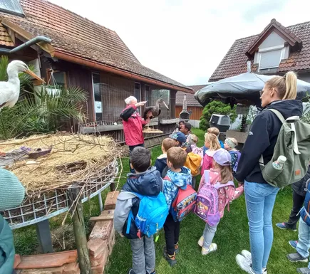 Eine Gruppe von Kindern und Erwachsenen steht auf einem Rasen. Ein Mann zeigt den Kindern einen Vogel. Ein großer Vogelkäfig ist in der Nähe.