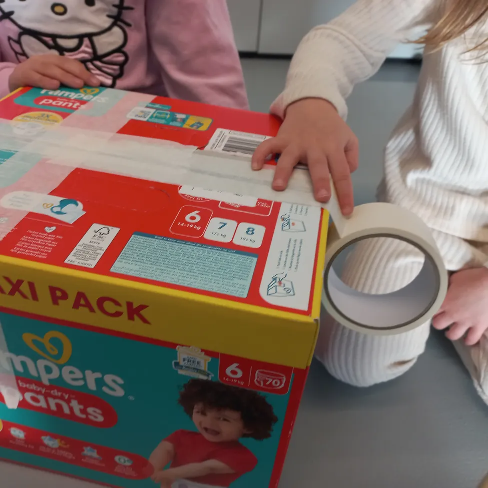Box, Baby, Person, Face, Head, Tape, Cardboard, Carton