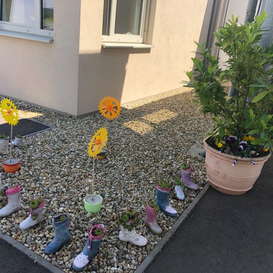 Bild enthält, Plant, Potted Plant, Jar, Planter, Pottery, Vase, Shoe, Interior Design, Road, Pebble