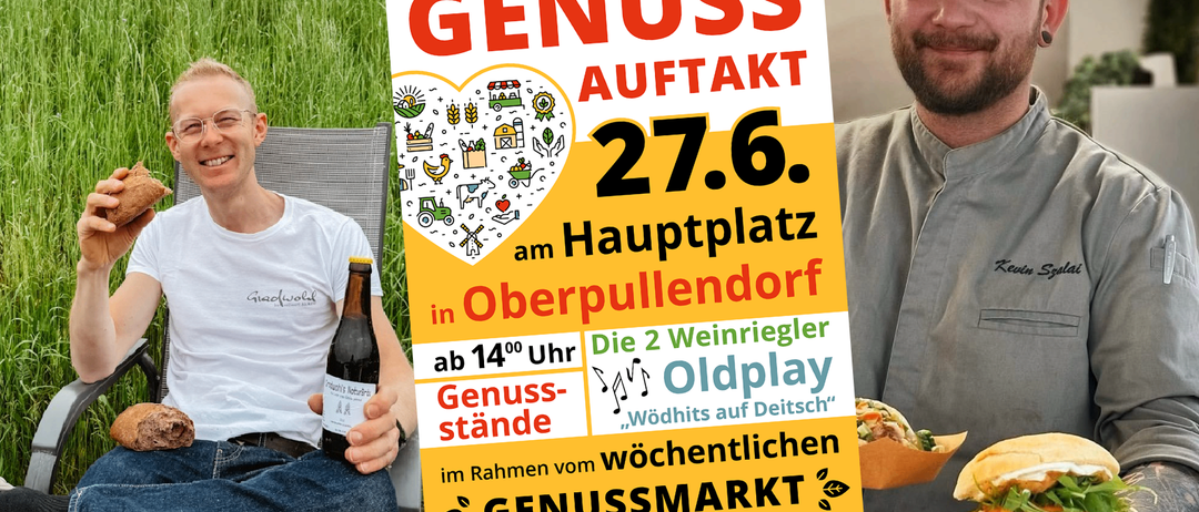 Eine Werbung für ein deutsches Essensfestival zeigt zwei Männer mit Essen. Das Datum ist der 27. Juni. Ein Mann hält eine Bierflasche.