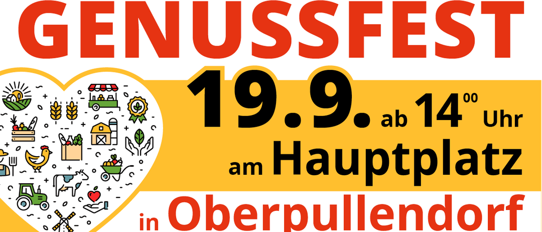 Das Plakat bewirbt das Nussfest am 19. September ab 13 Uhr in Oberpullendorf. Es hat einen leuchtend gelben Hintergrund und verschiedene Symbole.