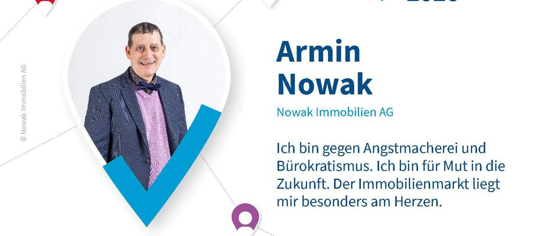 Eine Anzeige für IHK-W 2026 mit Armin Nowak, der sich für Immobilien begeistert. Er steht gegen Angst und Bürokratismus und setzt sich für Mut in die Zukunft ein. Das Bild zeigt seine Leidenschaft für den Immobilienmarkt.