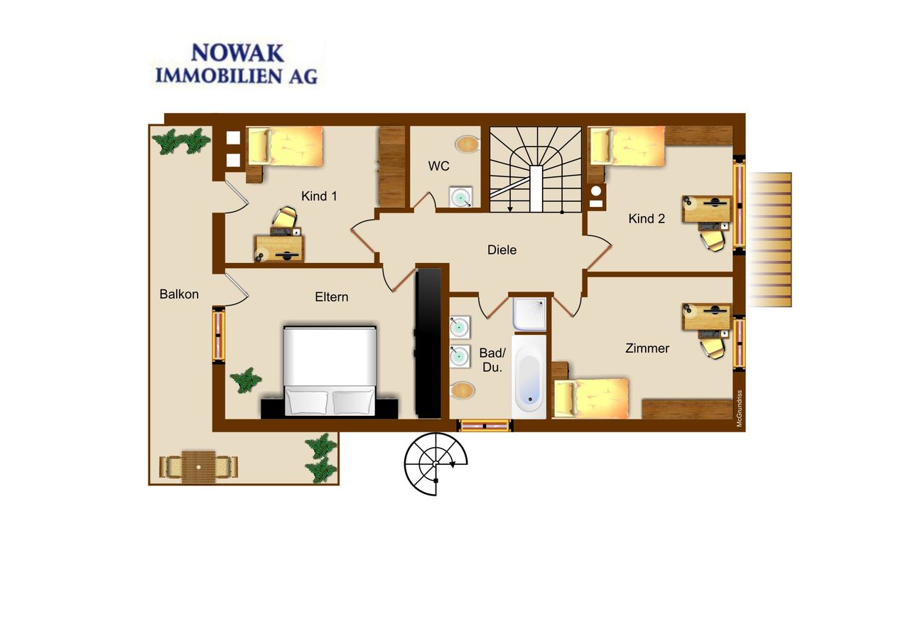 Ein Grundriss für eine Immobilie mit drei Schlafzimmern, zwei Badezimmern, einem Essbereich, einem Wohnzimmer und einem Balkon. Das Hauptschlafzimmer hat ein eigenes Badezimmer.