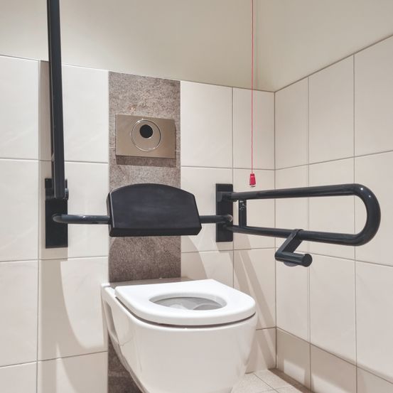 Eine weiße Toilette ist an einer Wand mit schwarzem Haltegriff montiert. Ein roter Faden hängt von der Decke. Die Wand ist gefliest.