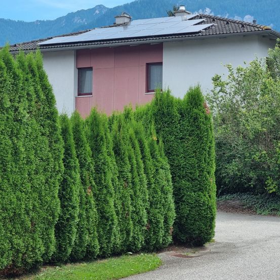 Ein modernes Haus mit Solarmodulen auf dem Dach, umgeben von grünen Bäumen und Sträuchern, mit Bergen im Hintergrund.