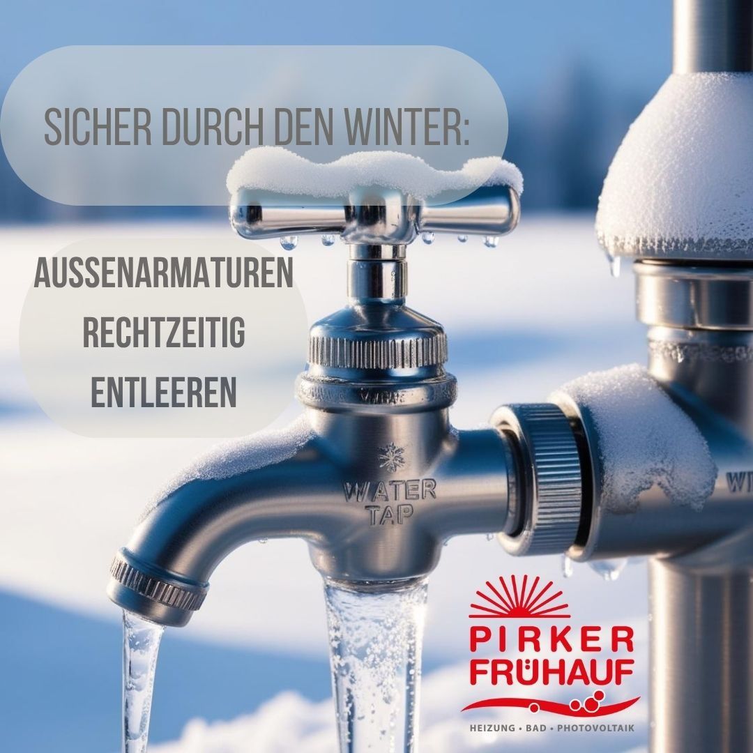 An outdoor water tap covered in snow with a text overlay that reads 'Safe through winter: external devices right time drain'.